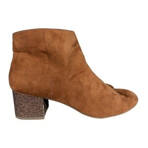 Womens Brown Suede Ankle Boots Glitter Block‎ Heel Zip Size 8.5
